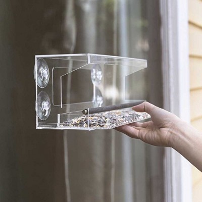 Window Bird Feeder with 4 Super Strong Suction Cups & Sliding Seed Tray, Large, Clear Acrylic, Easy Clean, Outdoor Bird Feeders