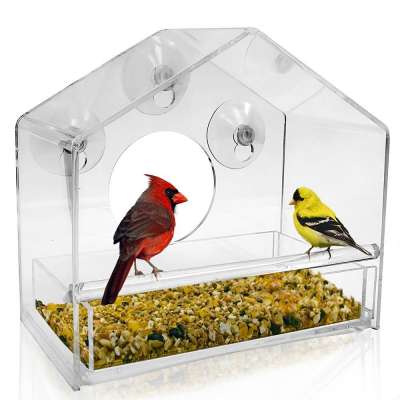 Window Home Shape Bird Feeder, Refillable Sliding Tray - Weather Proof - Drains Rain Water Acrylic Window Bird Feeder